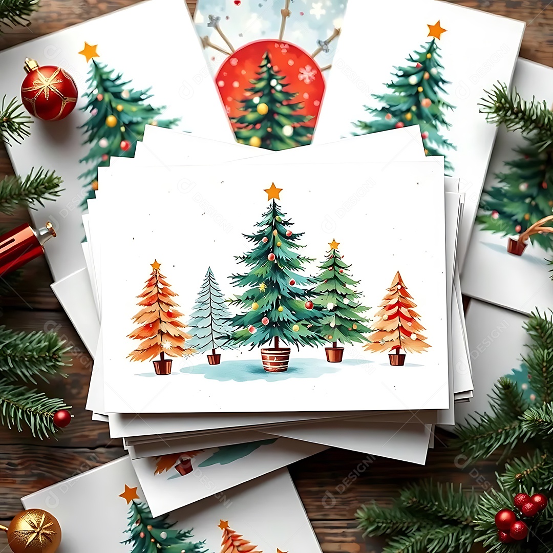 Uma vista superior de uma pilha de cartões de Natal com aquarela e designs modernos