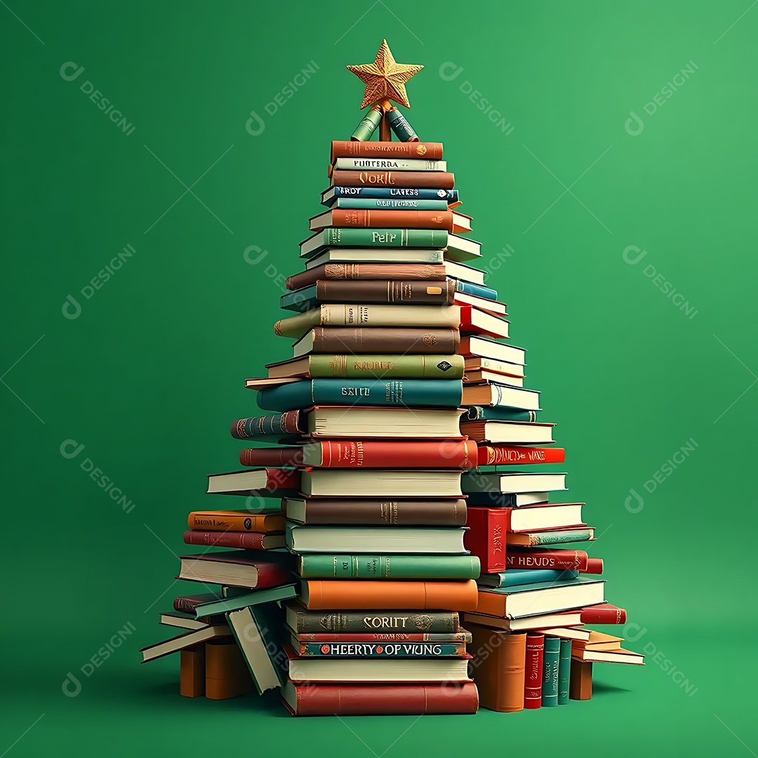 Árvore de Natal feita de livros com as luzes do feriado criando um fundo aconchegante