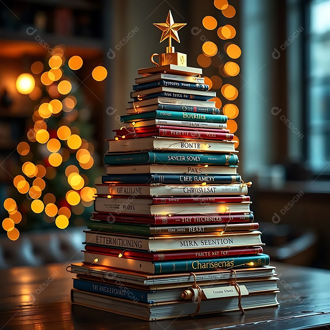 Árvore de Natal feita de livros com as luzes do feriado criando um fundo aconchegante