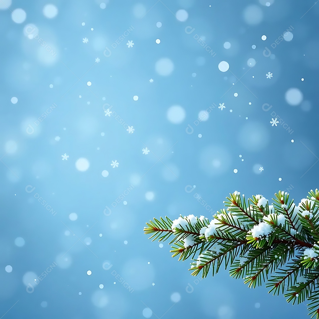 Ramos de abeto verde nevado com delicados flocos de neve caindo sobre um fundo azul