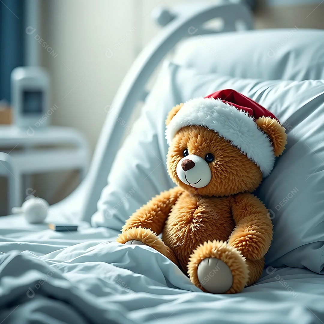 Urso de pelúcia com gorro de Papai Noel sentado ao lado em uma cama de hospital