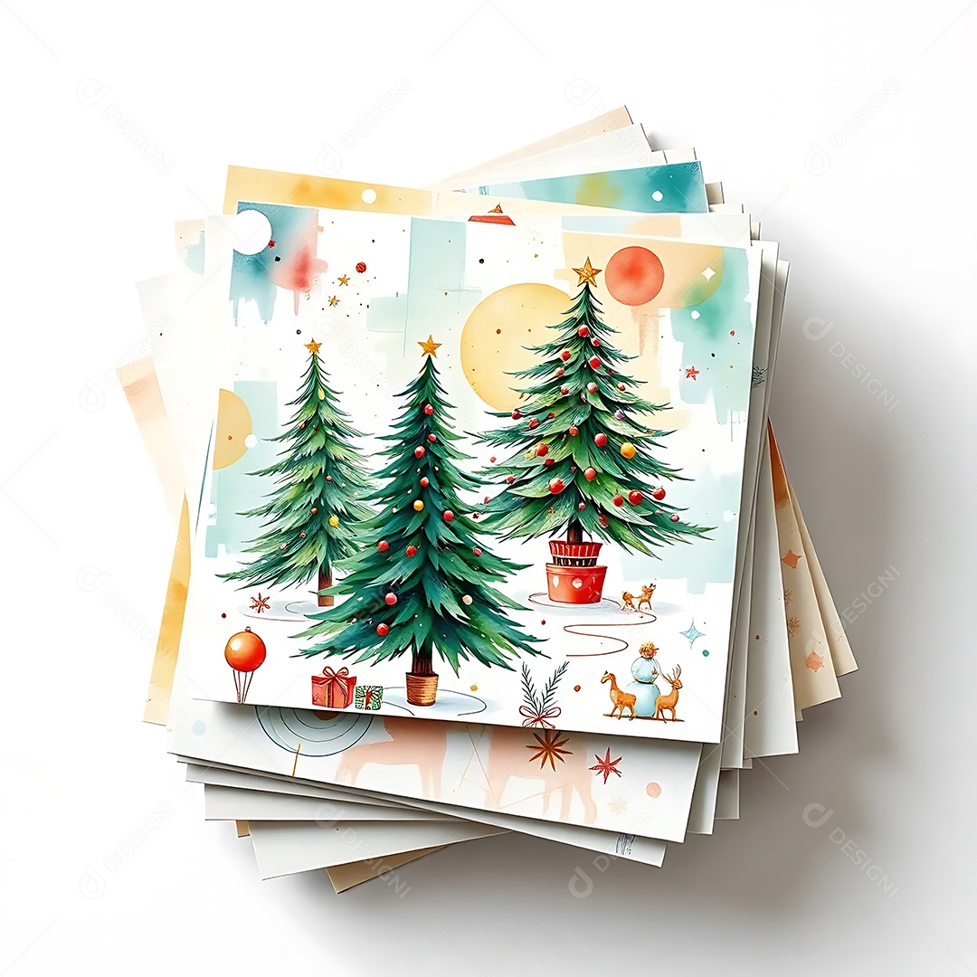 Uma vista superior de uma pilha de cartões de Natal com aquarela e designs modernos