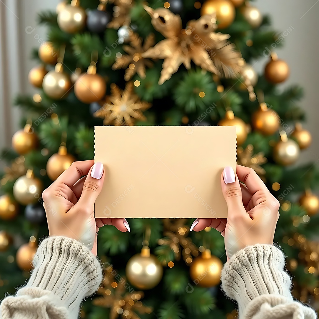 Mãos femininas seguram cartão bege em branco em frente a árvore de Natal decorada