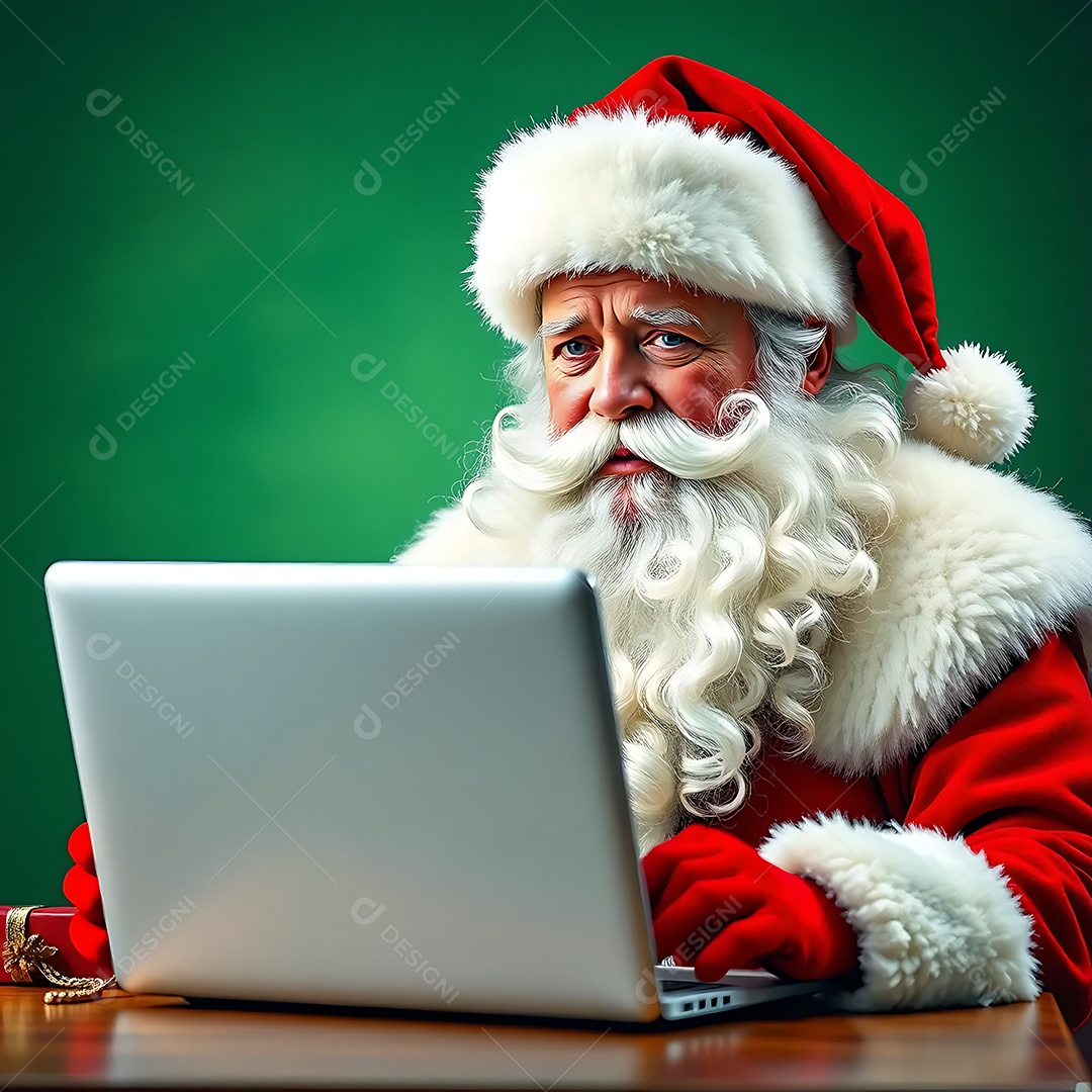 Papai Noel usando um laptop capturando o contraste entre tradição e tecnologia moderna