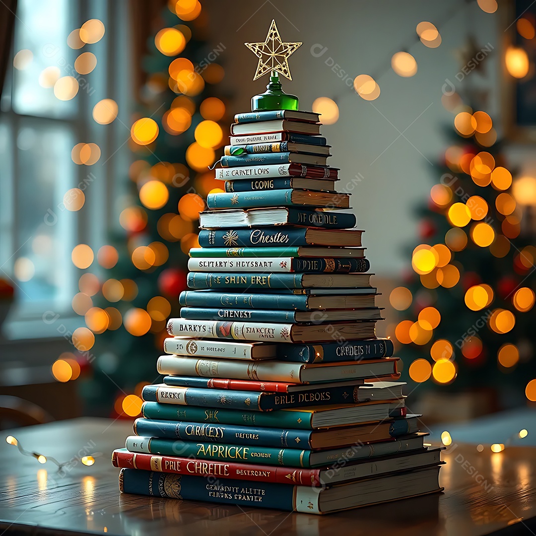 Árvore de Natal feita de livros com as luzes do feriado criando um fundo aconchegante