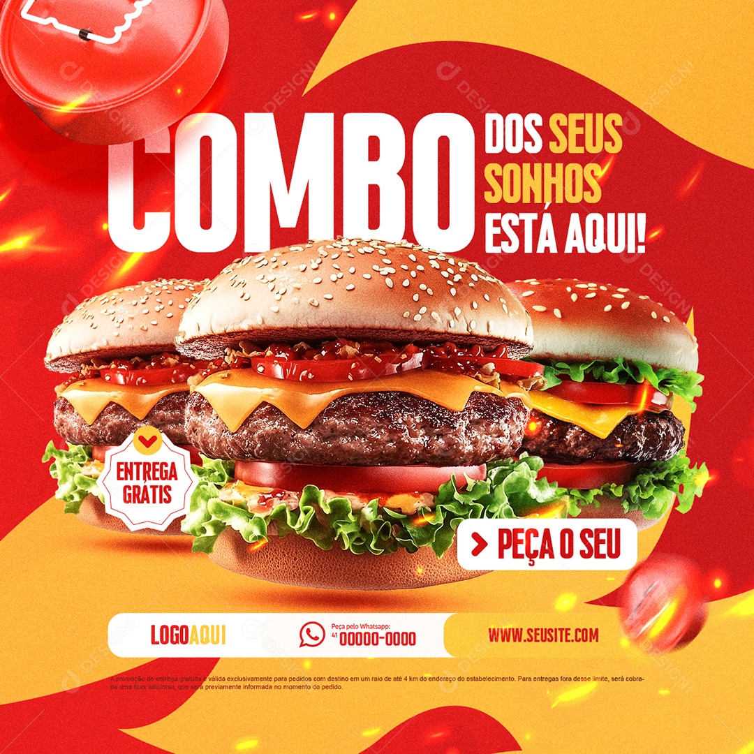 Lanchonete Pizzaria Combo Dos Seus Sonhos Está Aqui Burguer Social Media PSD Editável