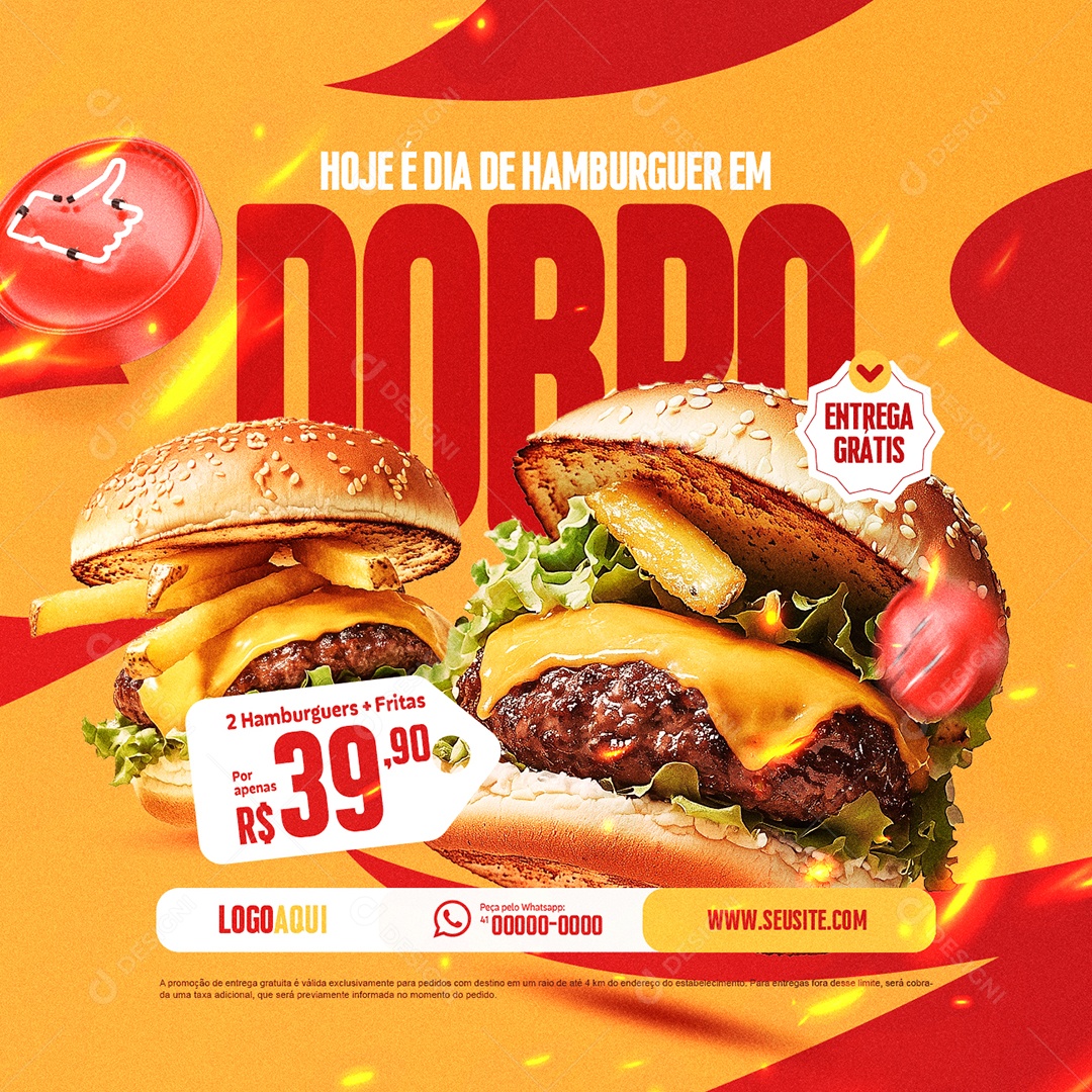 Lanchonete Pizzaria Hoje é Dia de Hamburguer em Dobro Social Media PSD Editável