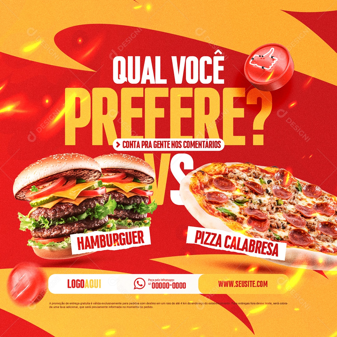 Lanchonete Pizzaria Qual Você Prefere Hamburguer Pizza Calabresa Social Media PSD Editável