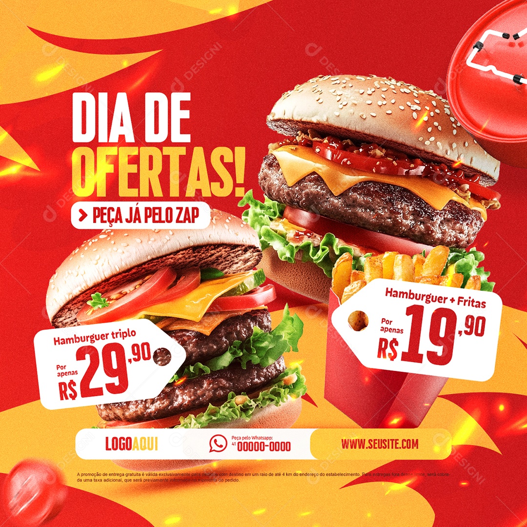 Lanchonete Pizzaria Dia de Ofertas Hamburguer Mais Fritas Social Media PSD Editável