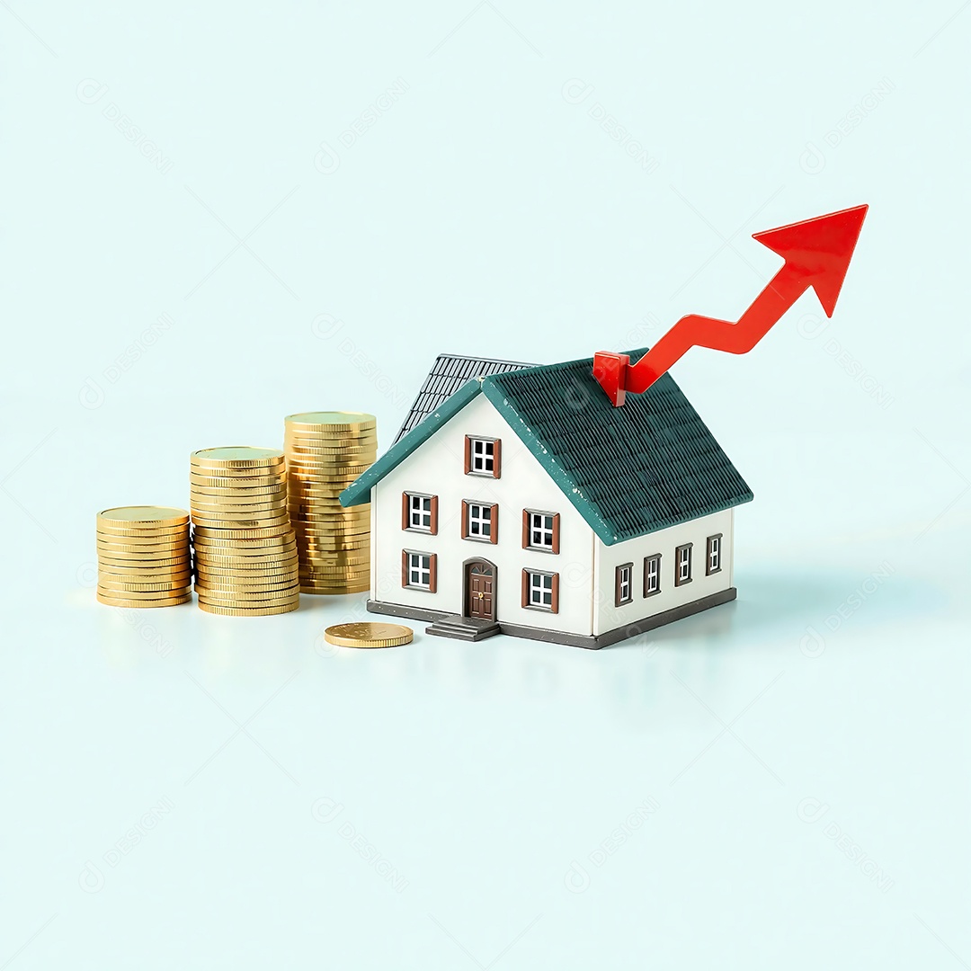 Uma representação elegante de uma casa e moedas com uma seta brilhante
