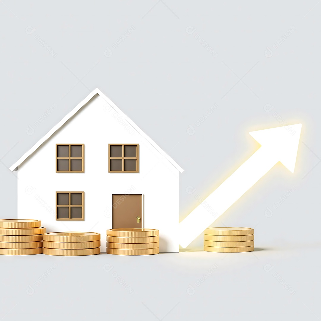 Uma representação elegante de uma casa e moedas com uma seta brilhante