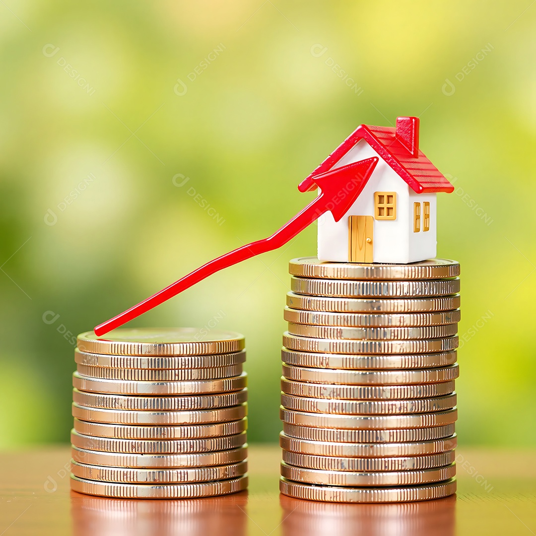 Valor crescente da propriedade uma casa em miniatura colocada em pilhas crescentes