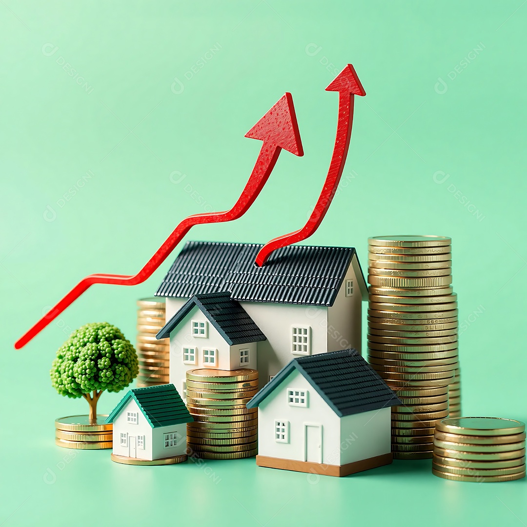 Casa modelo com seta vermelha ascendente e pilhas de moedas investimento imobiliário