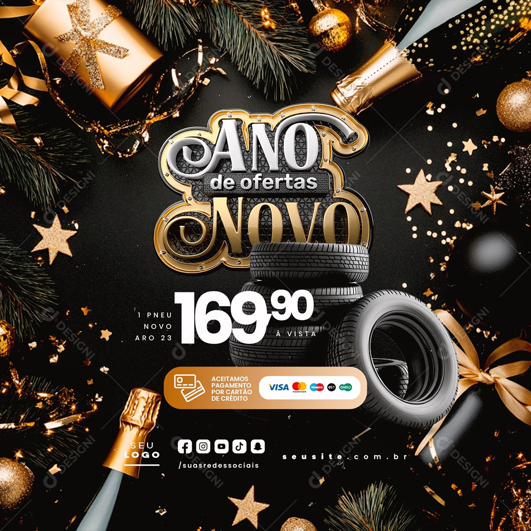 Loja de Pneus Ano Novo de Ofertas Pneu Novo Aro 23 Social Media PSD Editável