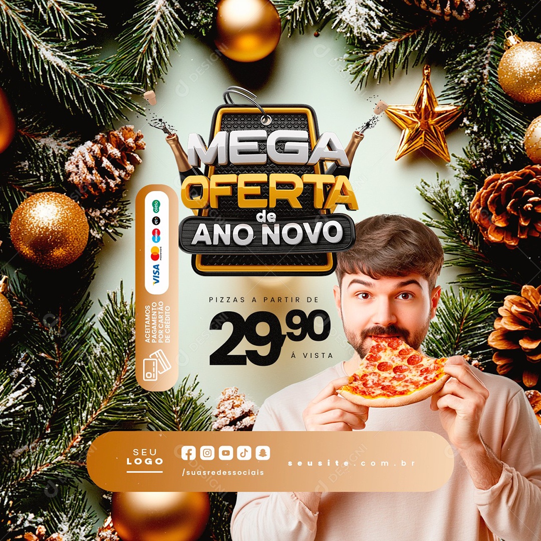Mega Oferta de Ano Novo Pizzaria Pizzas Social Media PSD Editável