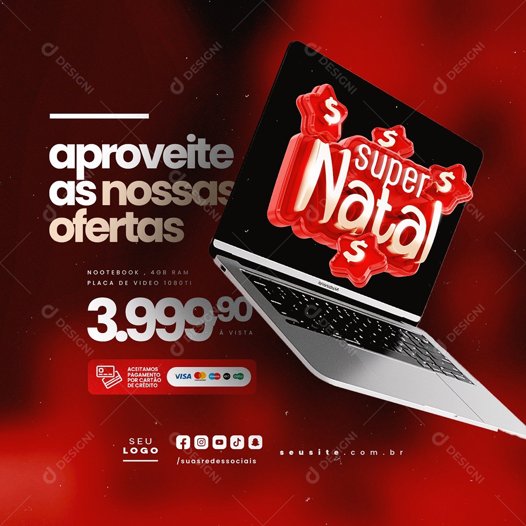 Loja de Eletrônicos Super Natal Notebook Aproveite as Nossas Ofertas Social Media PSD Editável