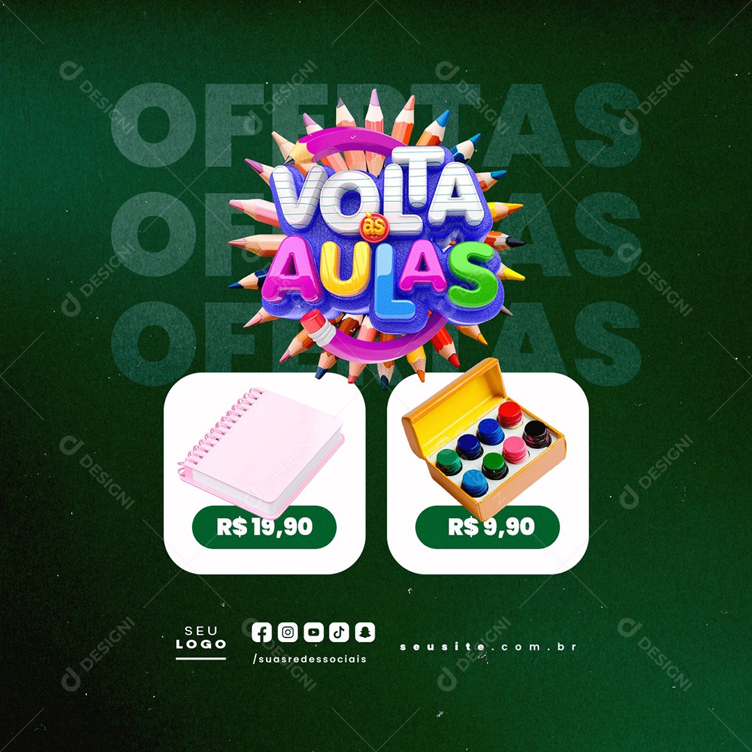 Ofertas Volta às Aulas Cardeno e Tinta Guache Social Media PSD Editável