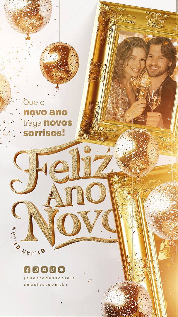 Story Feliz Ano Novo 01 de Janeiro Traga Novos Sorrisos Social Media PSD Editável