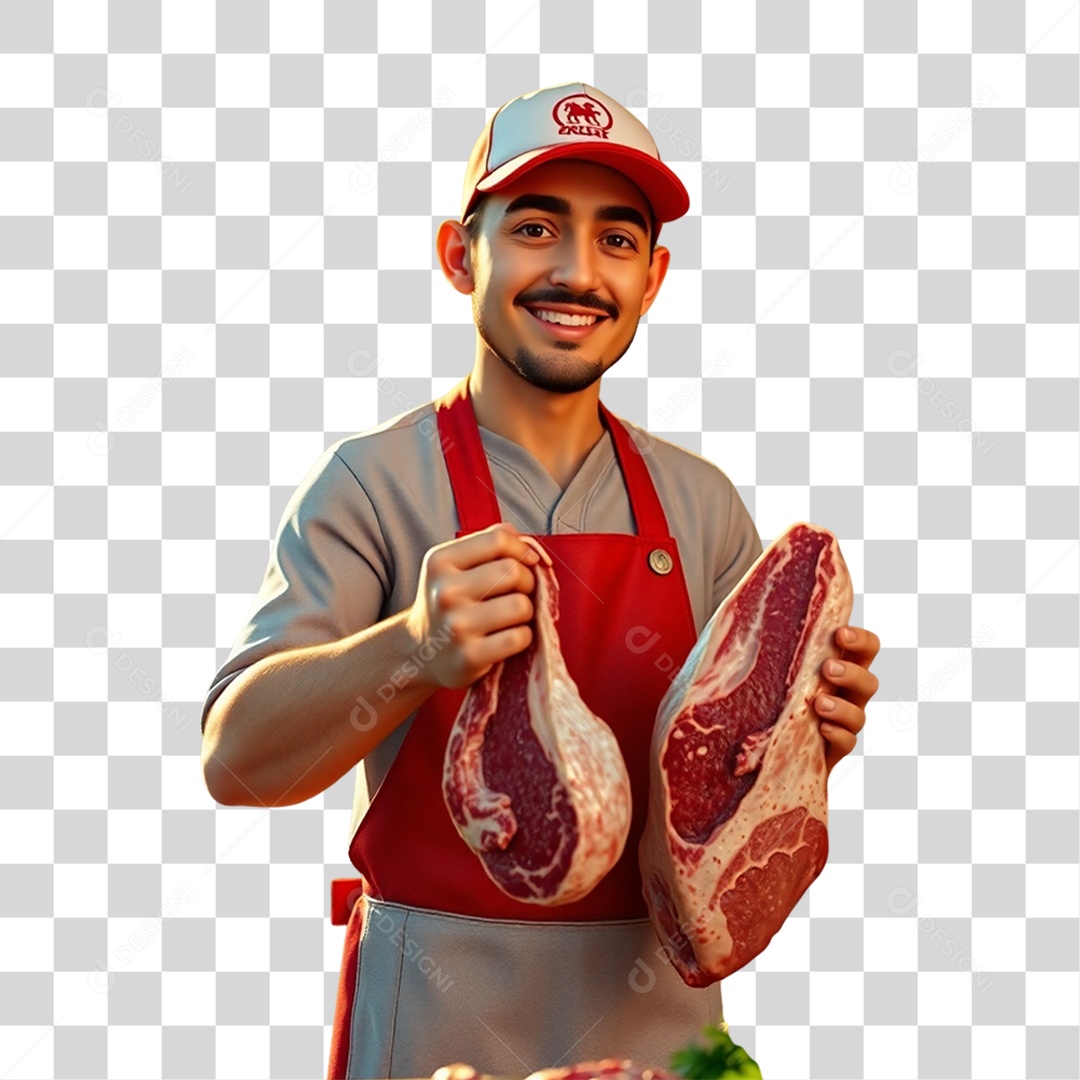 Açougueiro com Cortes de Carne PNG Transparente