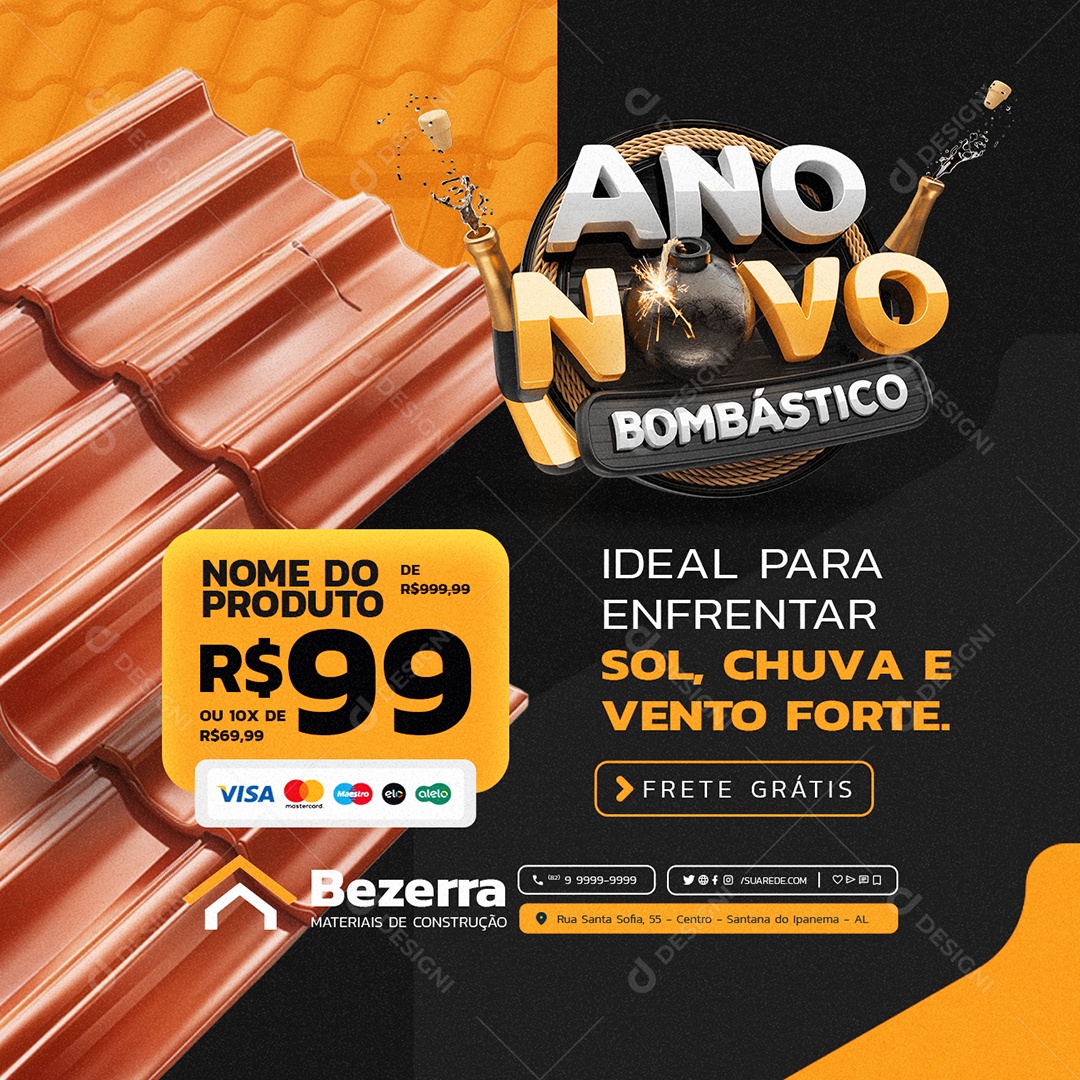 Loja de Telhas Ano Novo Bombástico Ideal para Enfrentar Sol Chuva e Vento Social Media PSD Editável