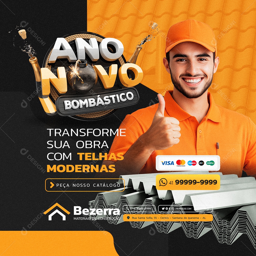 Loja de Telhas Ano Novo Bombástico Transforme sua Obra Social Media PSD Editável