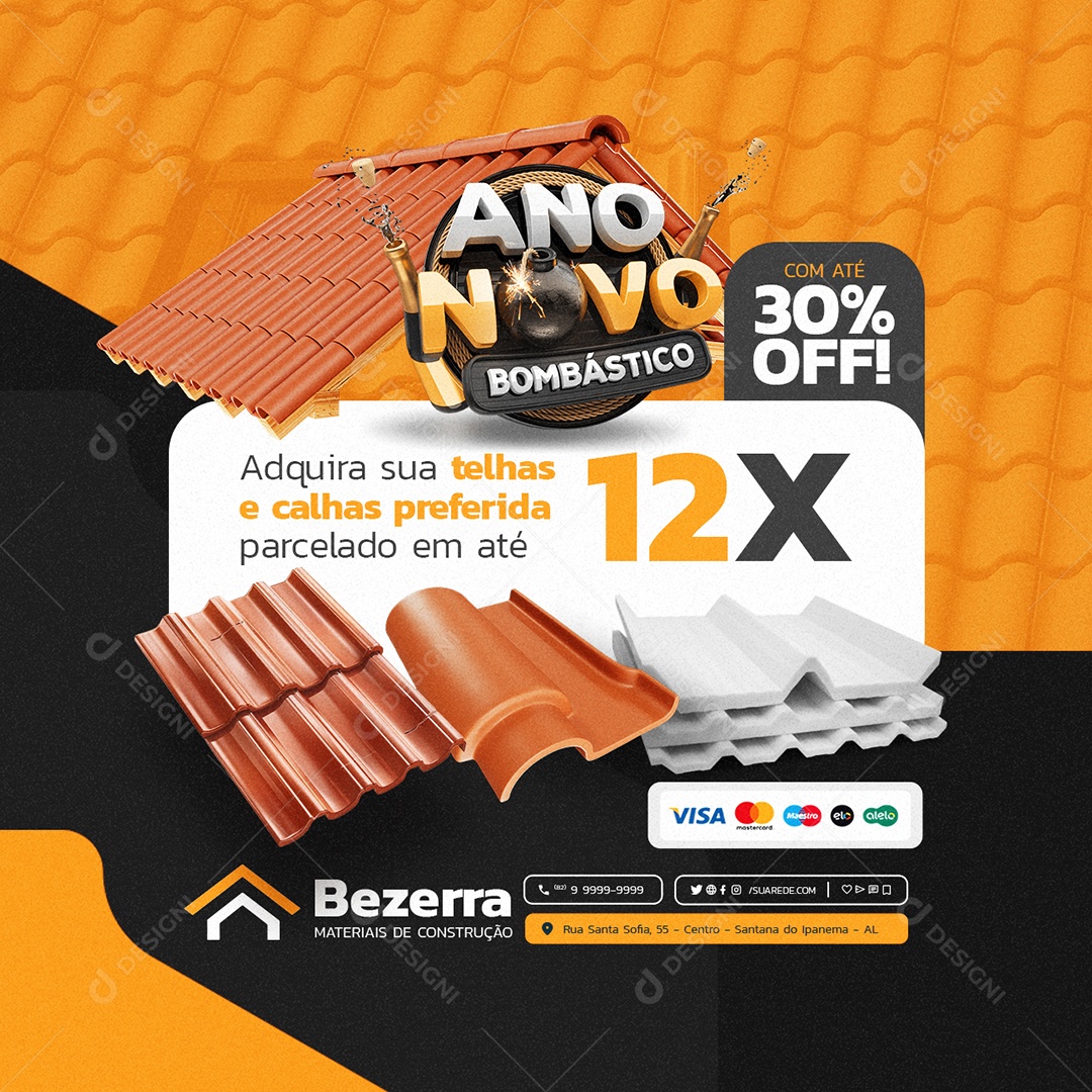 Loja de Telhas Ano Novo Bombástico Com Até 30% Off Social Media PSD Editável