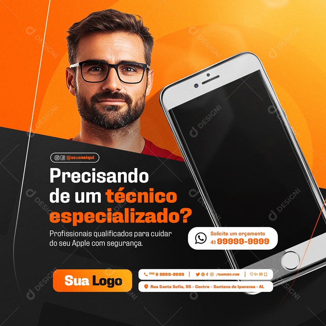 Assistência Aparelhos Apple Precisando de Um Técnico Especializado Social Media PSD Editável