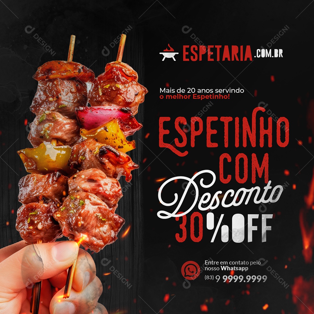 Espetinho com Desconto 30% Off Social Media PSD Editável