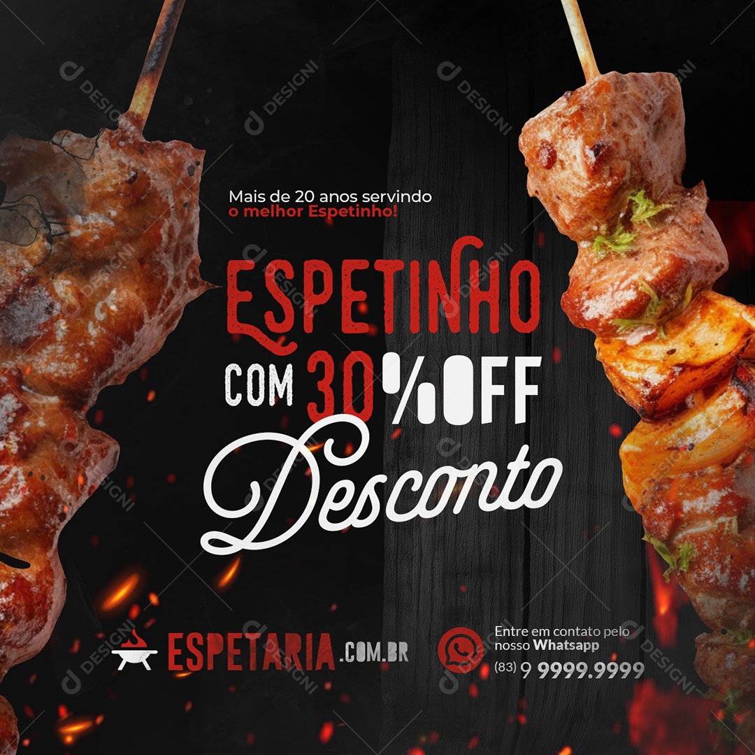 Espetinho Espetinho com Desconto 30% Off Social Media PSD Editável