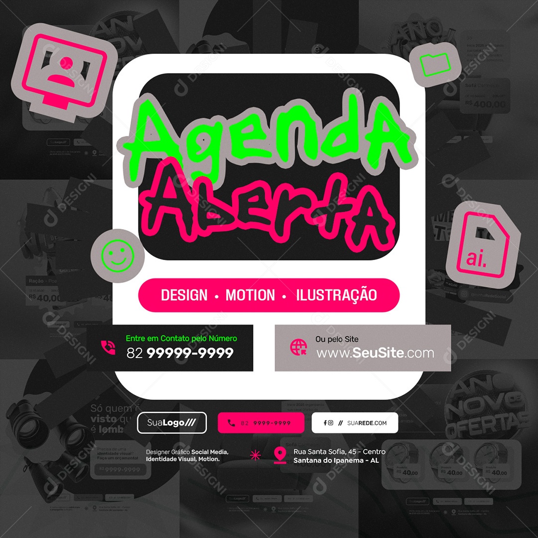 Designer Gráfico Agenda Aberta Design Ilustração Social Media PSD Editável