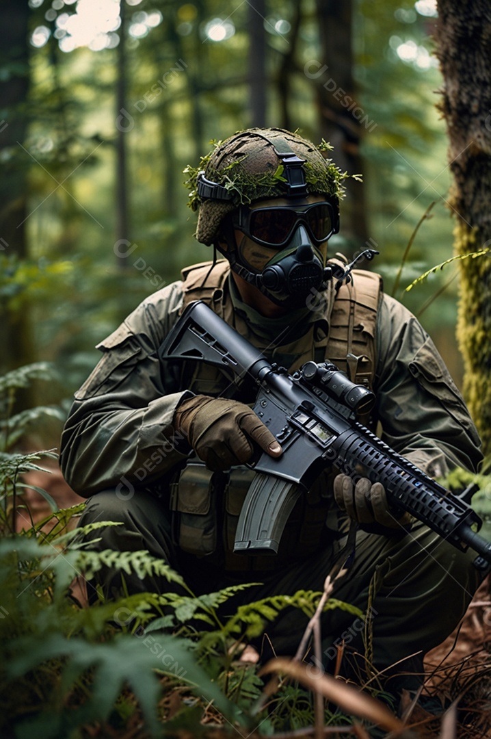 Soldado camuflado com rifle na mãos em uma floresta