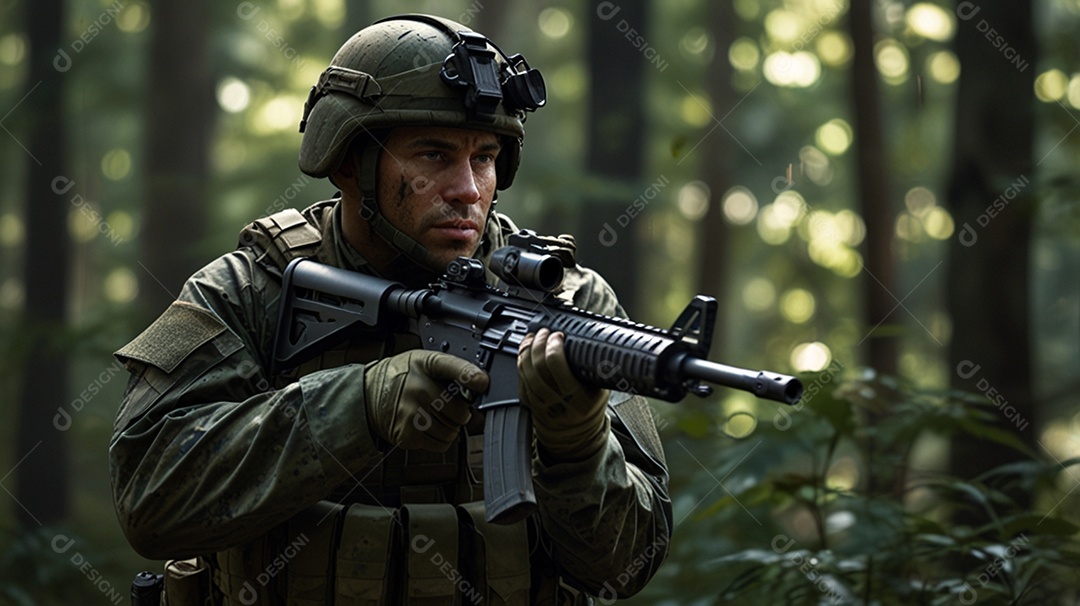 Soldado apontando um rifles em uma floresta