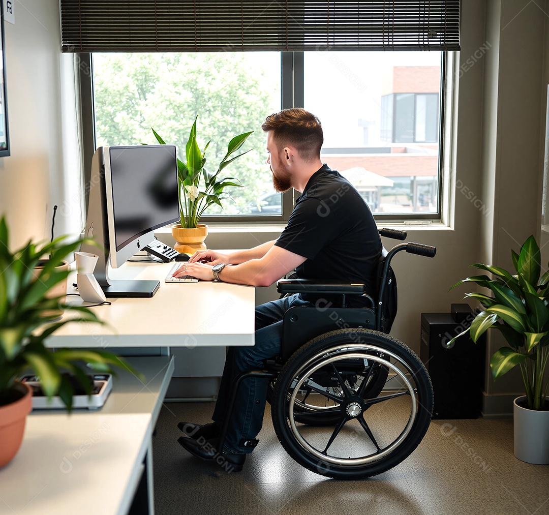 Usuário de cadeira de rodas trabalhando no escritório no computador