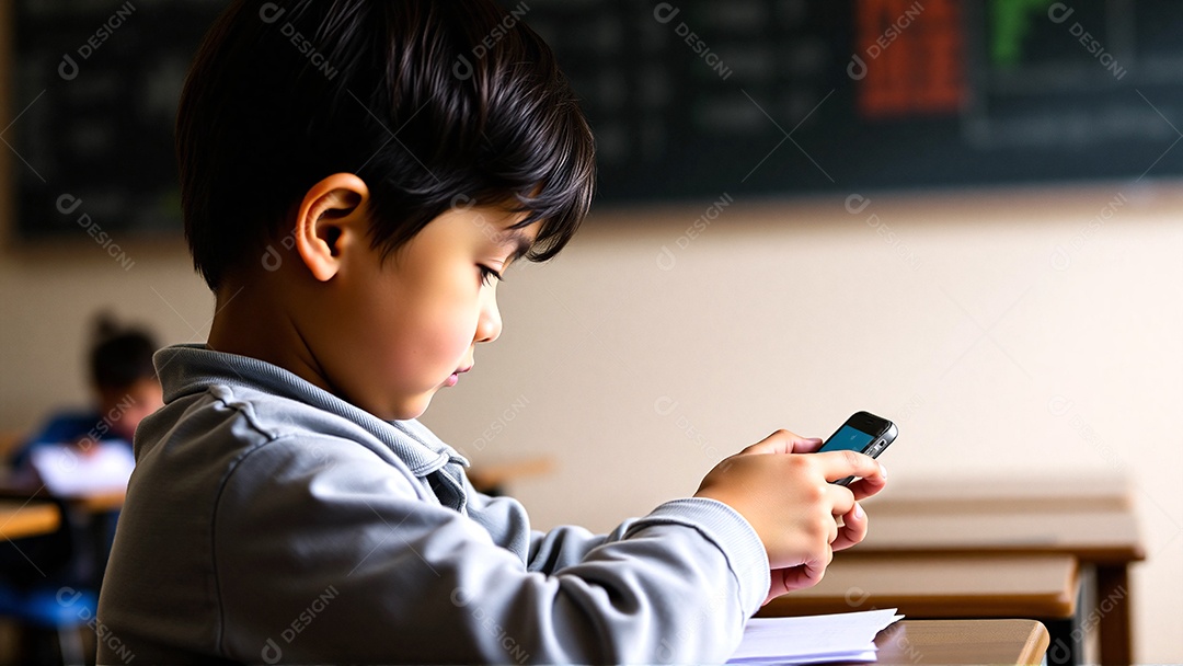 Criança usando celular em sala de aula