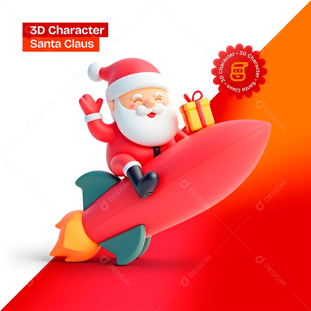 Personagem 3D Papai Noel Em Foguete para Composição PSD