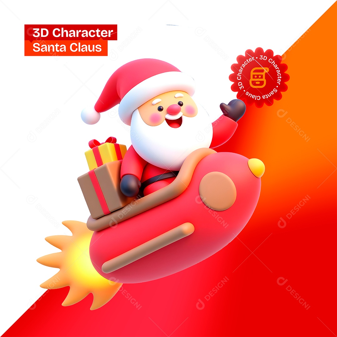 Personagem 3D Papai Noel Em Foguete para Composição PSD