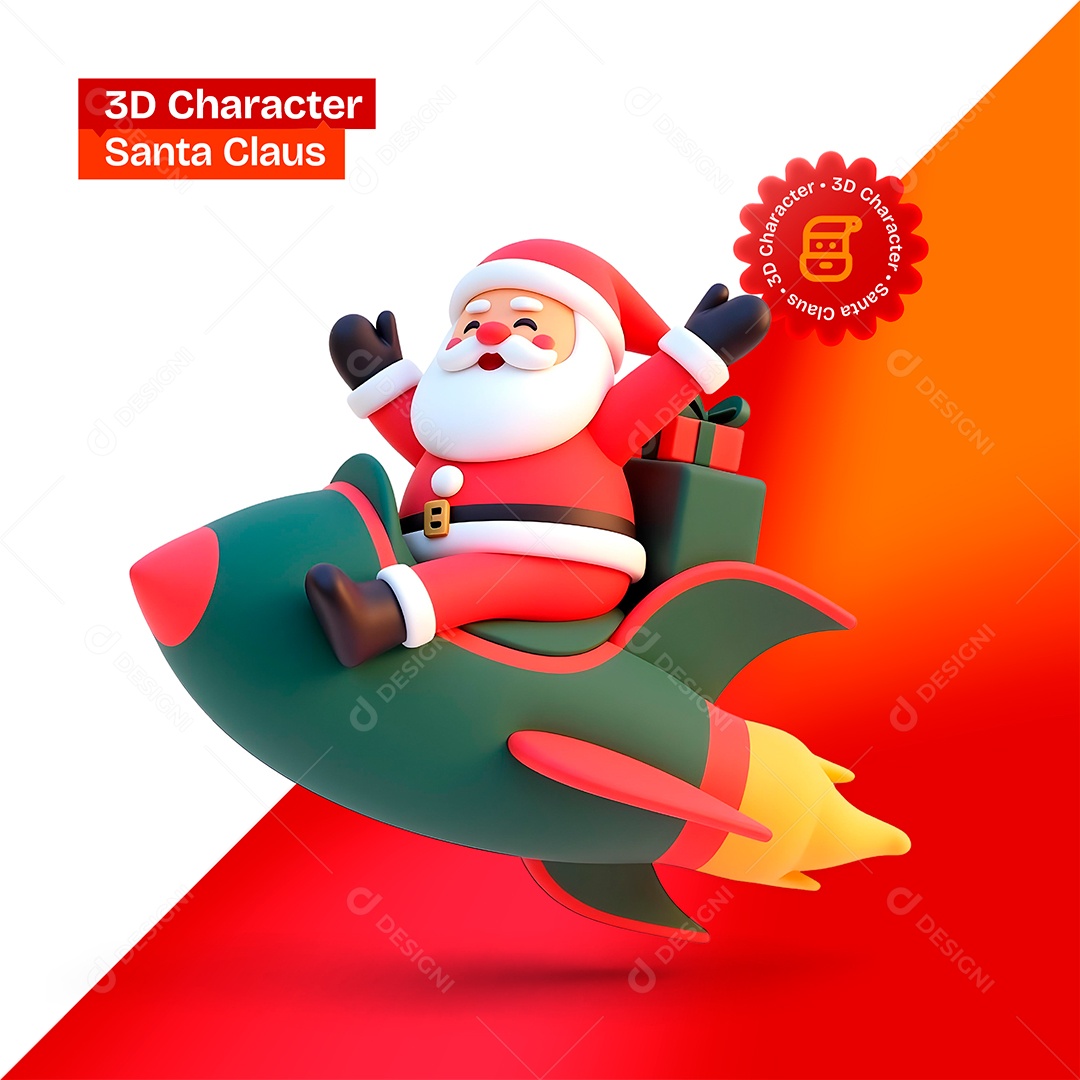 Personagem 3D Papai Noel Em Foguete para Composição PSD