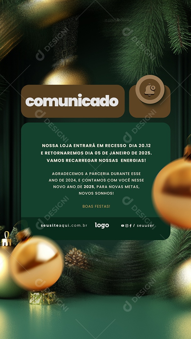 Story Comunicado de Recesso Fim de Ano Social Media PSD Editável