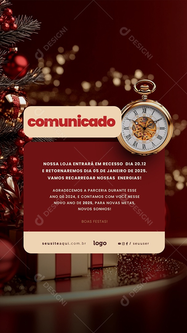 Story Comunicado de Recesso Fim de Ano Social Media PSD Editável
