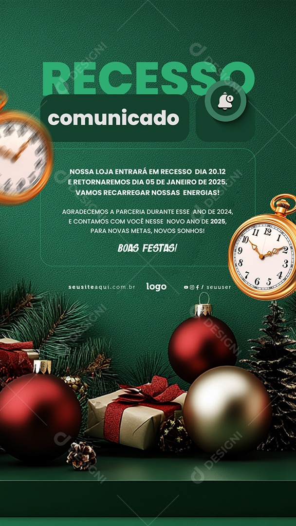 Story Comunicado de Recesso Fim de Ano Social Media PSD Editável