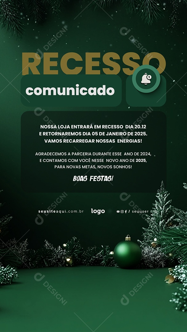 Story Comunicado de Recesso Fim de Ano Social Media PSD Editável