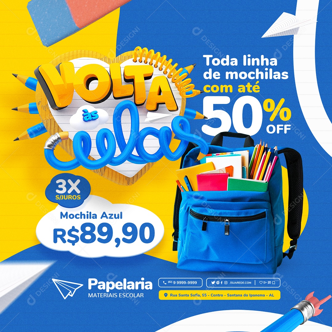 Volta às Aulas Papelaria Materiais Escolar Mochila Azul Social Media PSD Editável