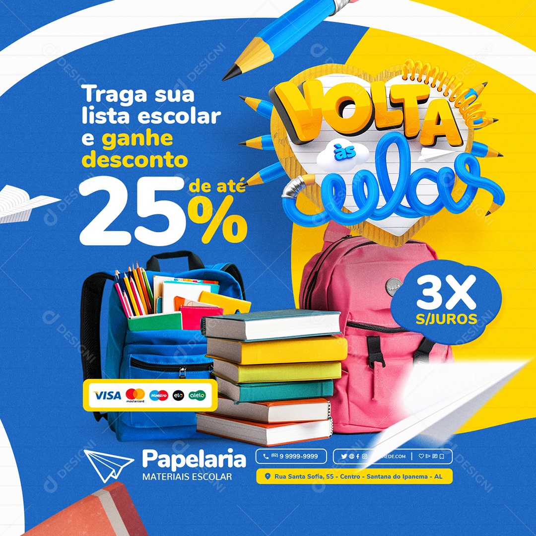 Volta às Aulas Papelaria Materiais Escolar Ganhe Desconto Social Media PSD Editável