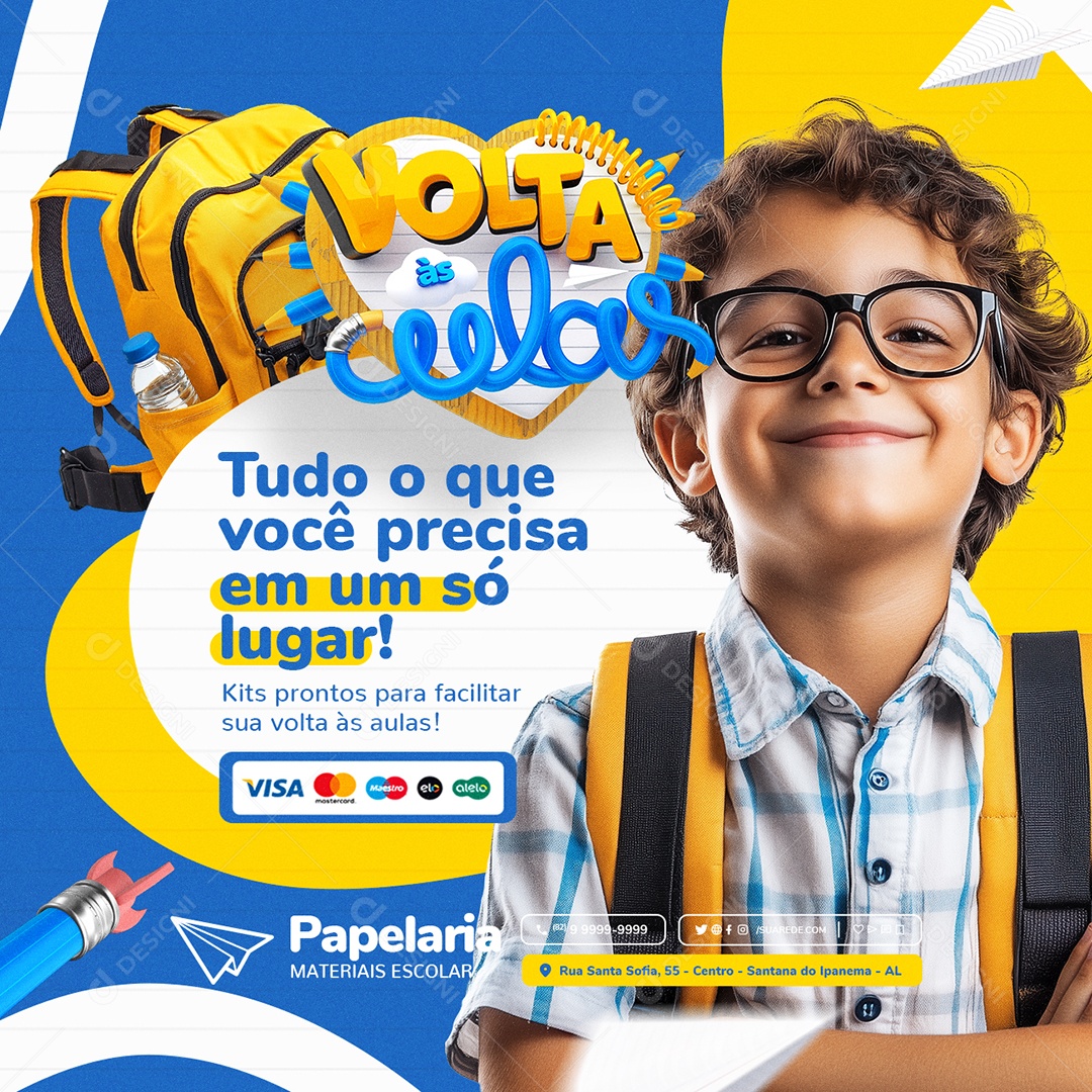 Volta às Aulas Papelaria Materiais Escolar Kits Prontos Social Media PSD Editável