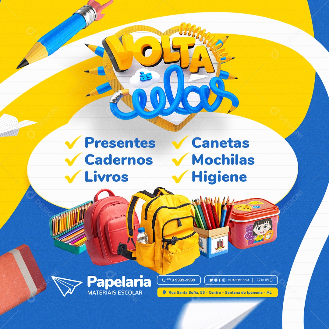 Volta às Aulas Papelaria Materiais Escolar Presentes Cadernos Social Media PSD Editável