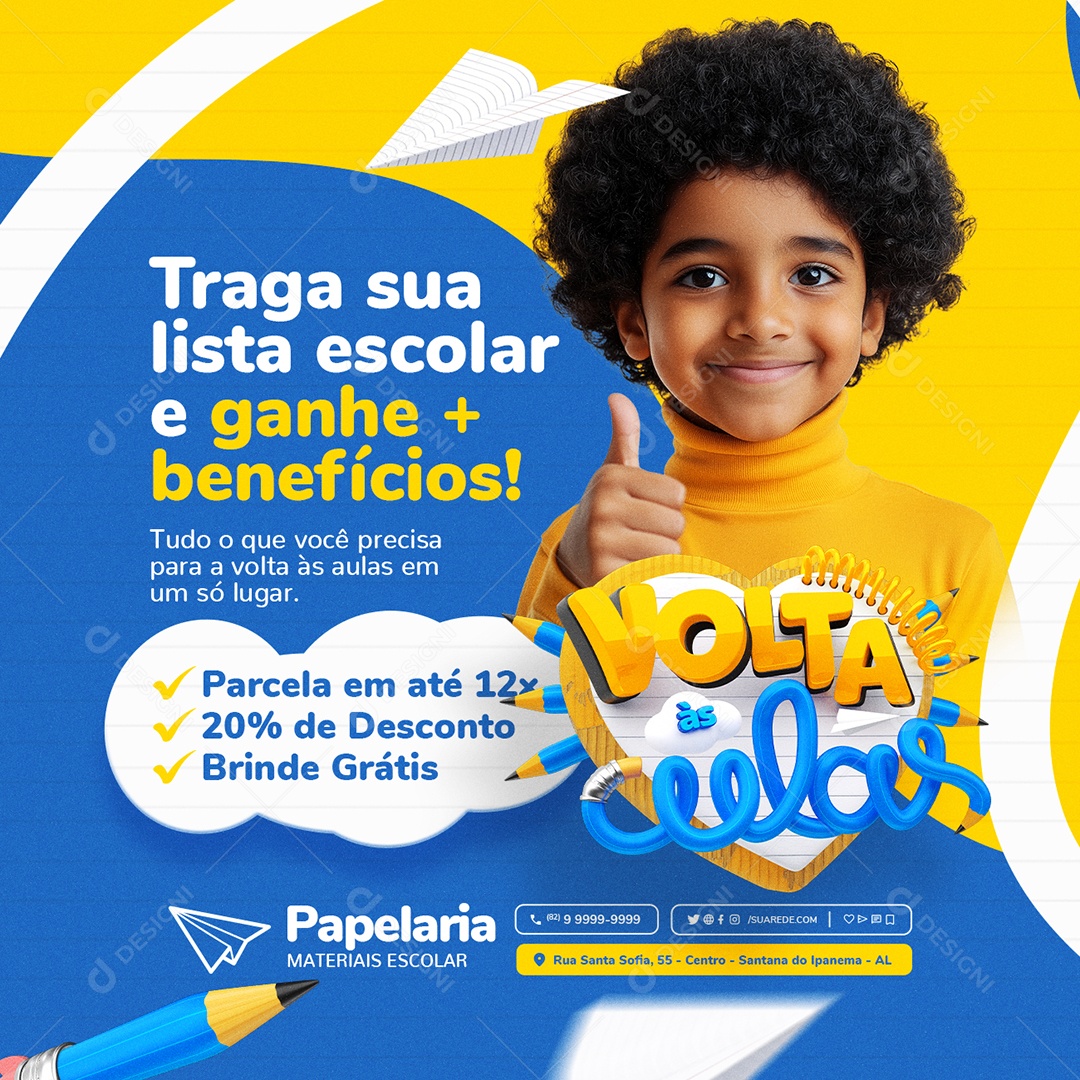 Volta às Aulas Papelaria Materiais Escolar Parcele em Até 12x Social Media PSD Editável