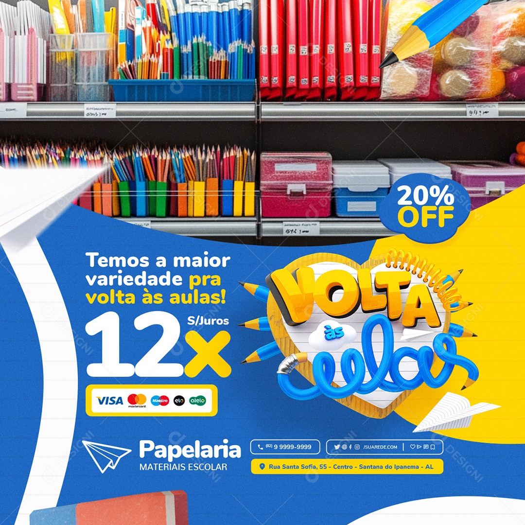 Volta às Aulas Papelaria Materiais Escolar 20% Off Social Media PSD Editável