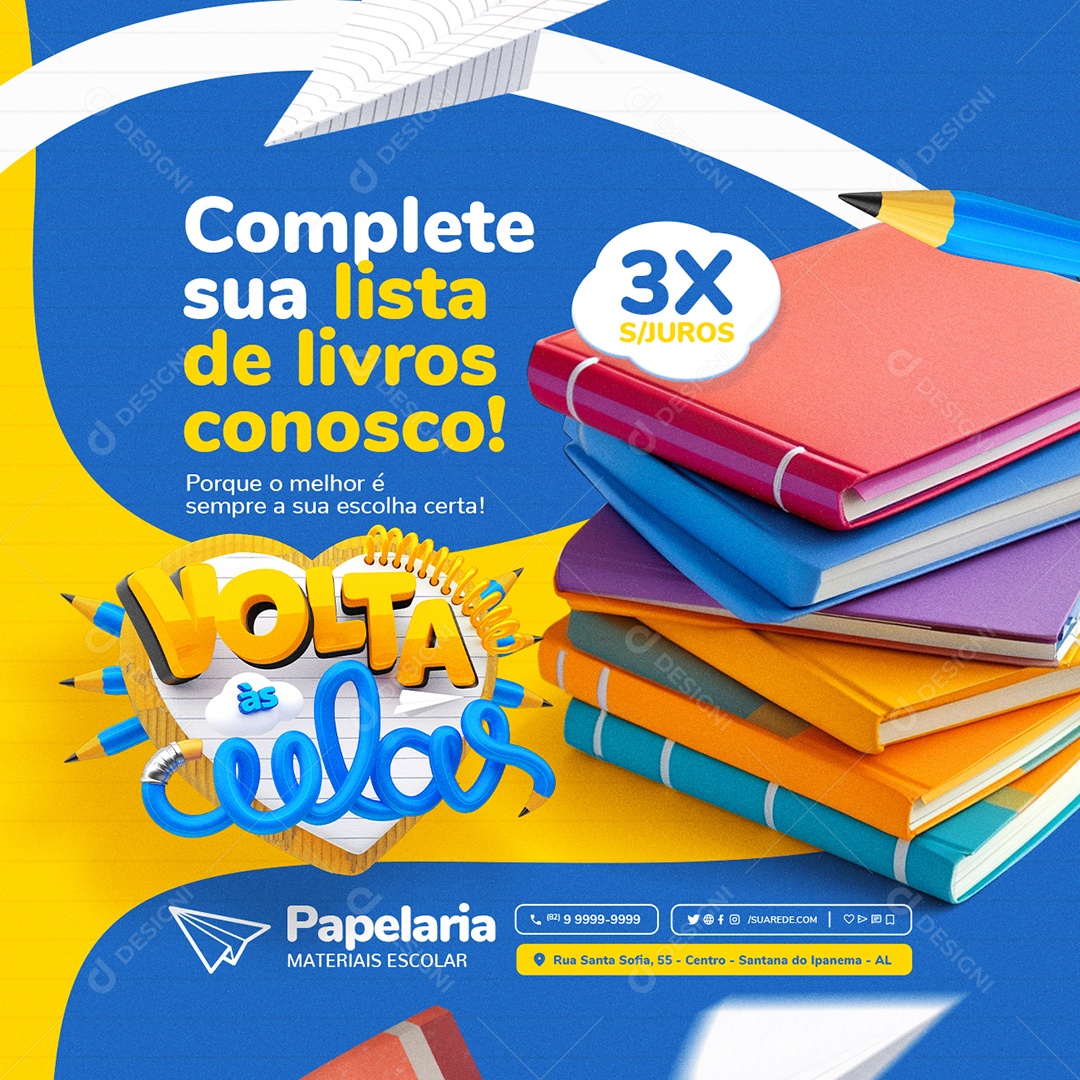 Volta às Aulas Papelaria Materiais Escolar Complete sua Lista Social Media PSD Editável