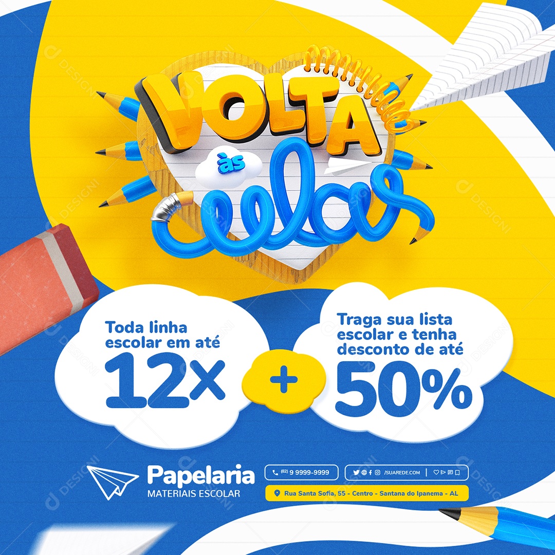 Volta às Aulas Papelaria Materiais Escolar Toda Linha Social Media PSD Editável