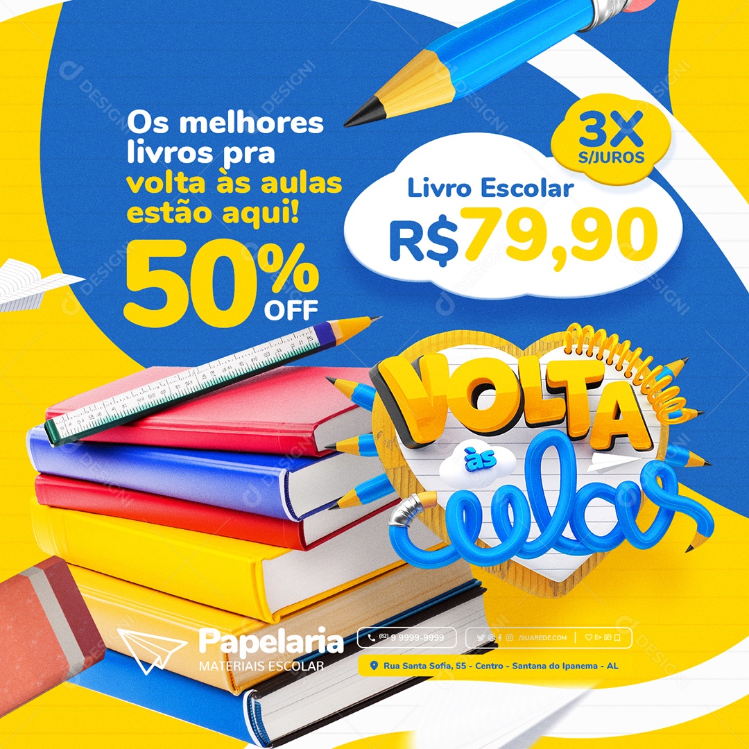 Volta às Aulas Papelaria Livro Escolar Social Media PSD Editável